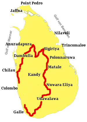 yellow Map marked the bike route of Sri Lanka