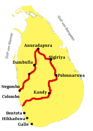 yellow map with heritage bike Route in Sri Lanka