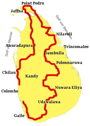 grand bike tour in Sri Lanka marked on Map