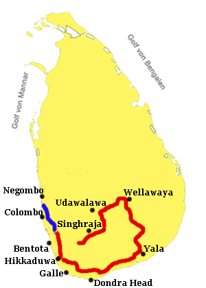 Sri Lanka map marked cycle rote of safari Trail